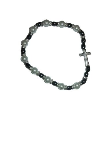Brazalete Cristal Metal  Hematite Oval Peq. Perla Blanca