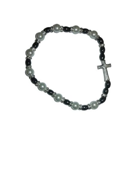 Brazalete Cristal Metal  Hematite Oval Peq. Perla Blanca