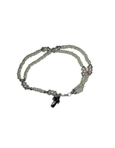 Brazalete Cristal Dobe Hilo C/Cruz Metal Perlita Blanca