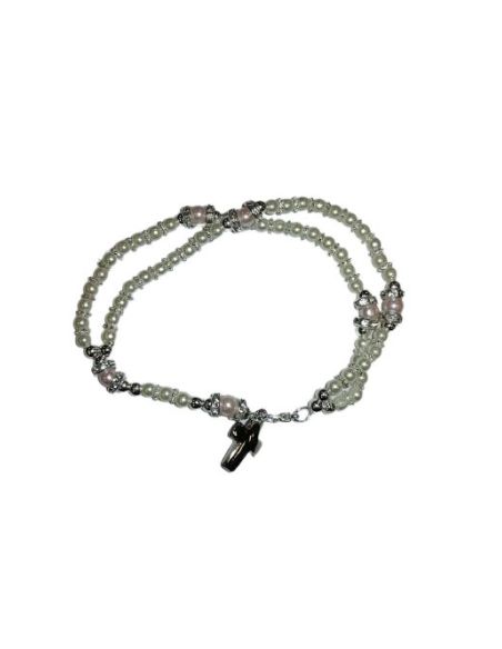 Brazalete Cristal Dobe Hilo C/Cruz Metal Perlita Blanca