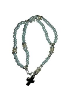 Brazalete Cristal Dobe Hilo C/Cruz Metal Perlita Azul
