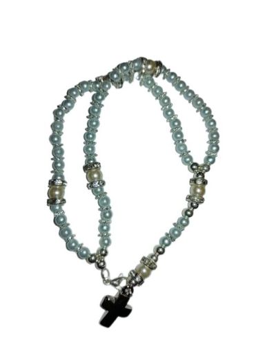 Brazalete Cristal Dobe Hilo C/Cruz Metal Perlita Azul