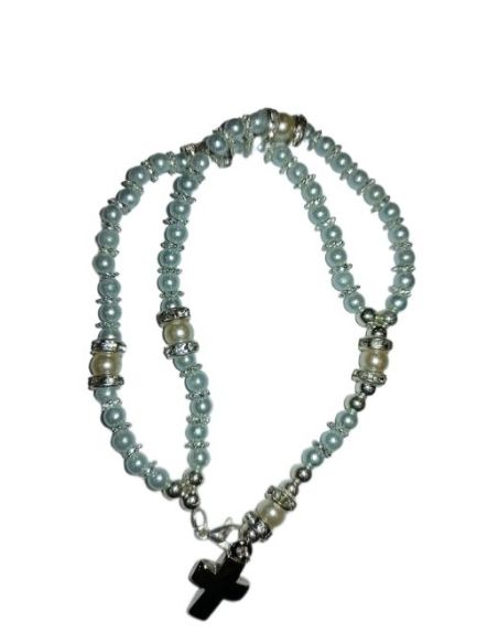 Brazalete Cristal Dobe Hilo C/Cruz Metal Perlita Azul