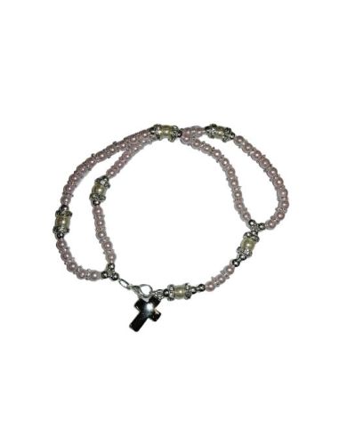 Brazalete Cristal Dobe Hilo C/Cruz Metal Perlita Rosa