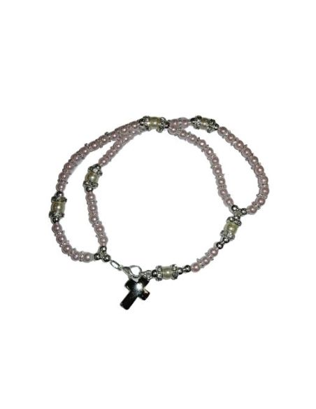 Brazalete Cristal Dobe Hilo C/Cruz Metal Perlita Rosa