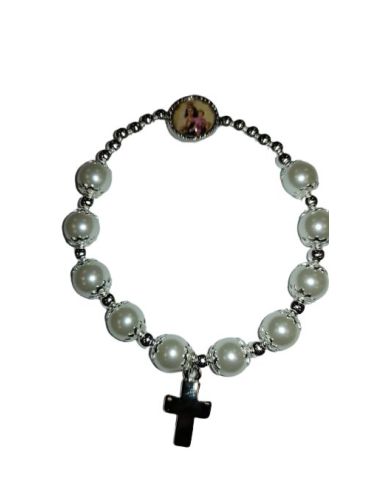 Brazalete Cristal Perla Blanca 8Mm Cruz Metal V.Carmen
