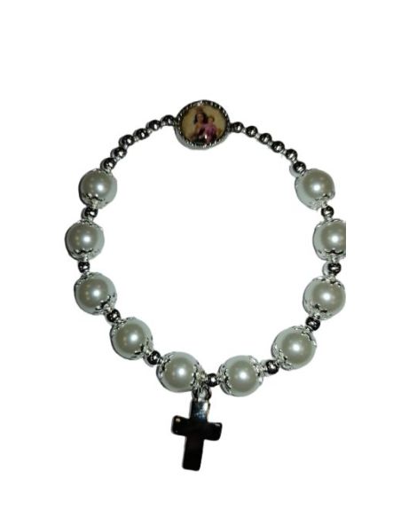 Brazalete Cristal Perla Blanca 8Mm Cruz Metal V.Carmen
