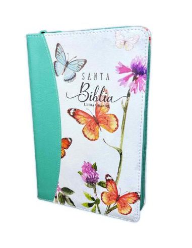 Biblia Rvr60 Tamaño Manual Letra Grande I/Piel Cierre/Índice Canto Pintado Mariposas Impresa (Turquesa)