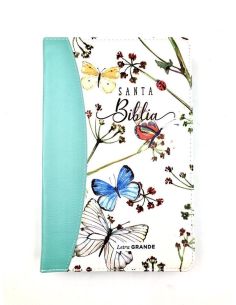 Biblia Rvr60 Tamaño Manual Letra Grande I/Piel Cierre/Índice Canto Pintado Mariposas + Mariquita Impresa (Turquesa)