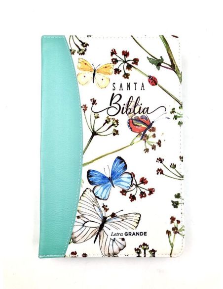 Biblia Rvr60 Tamaño Manual Letra Grande I/Piel Cierre/Índice Canto Pintado Mariposas + Mariquita Impresa (Turquesa)