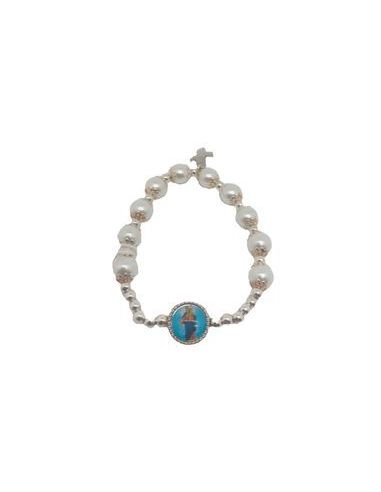 Brazalete Cristal Perla Blanca 8Mm Cruz Metal Auxiliadora