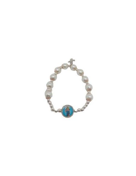 Brazalete Cristal Perla Blanca 8Mm Cruz Metal Auxiliadora