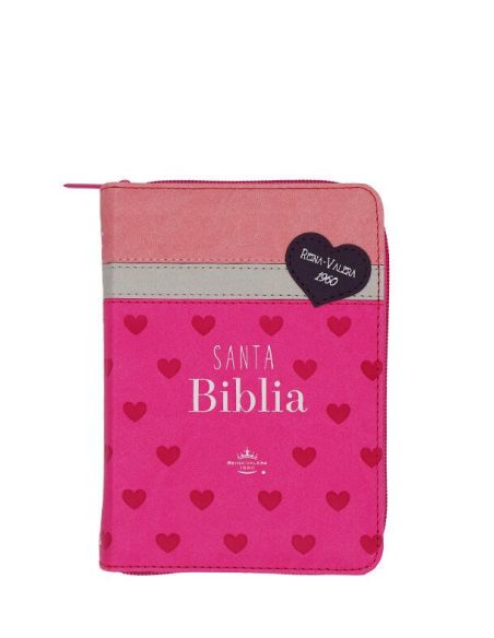 Biblia Rvr60 De Bolsillo Primor Fucsia/Blanco/Rosa Con Corazones Con Cierre