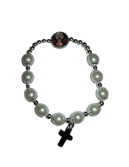 Brazalete Cristal Perla Blanca 8Mm Cruz Metal V. Pilar