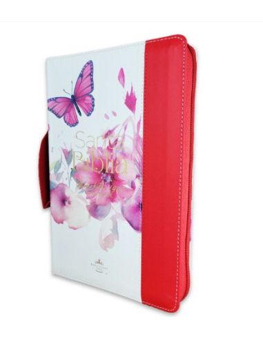 Biblia Rvr60 Tamaño Manual Letra Grande I/Piel Con Asa Color Roja/Floral Con Cierre/Índice Canto Pintado