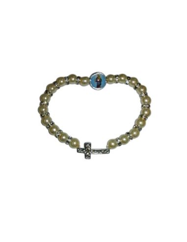 Brazalete Perlas Blancas Metal Cruz Strass Auxiliadora