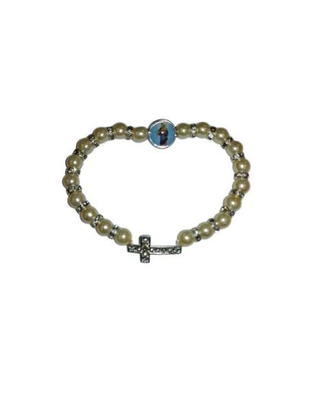 Brazalete Perlas Blancas Metal Cruz Strass Auxiliadora