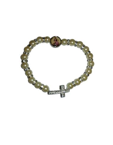 Brazalete Perlas Blancas Metal Cruz Strass V. Del Carmen