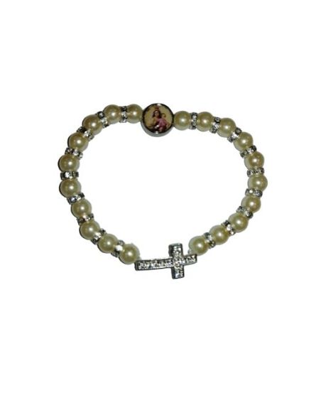 Brazalete Perlas Blancas Metal Cruz Strass V. Del Carmen