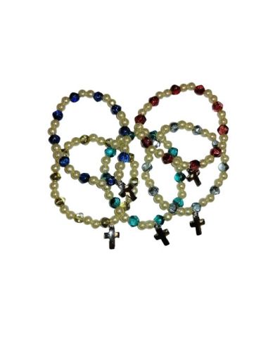 Brazalete Perlas Blancas Cristal Col Surt. C/Cruz Bombata Metal