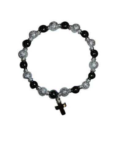 Brazalete Hematites 8Mm Plateado Con Cruz