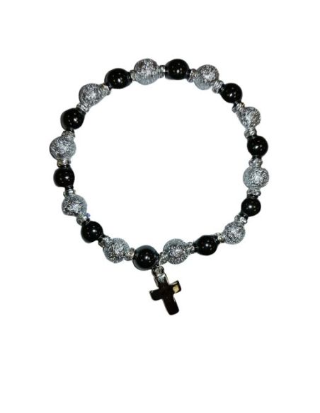 Brazalete Hematites 8Mm Plateado Con Cruz
