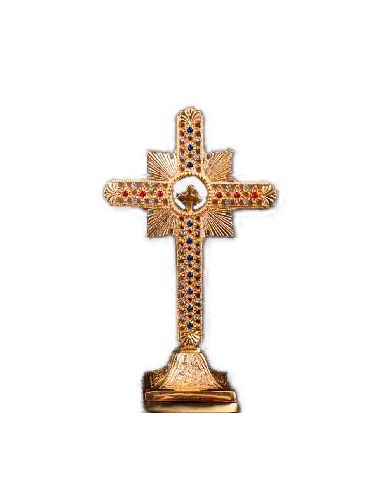 Cruz Altar Latón Dorada Rayos Piedras Cristal 25Cm