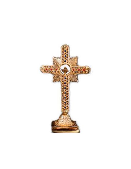 Cruz Altar Latón Dorada Rayos Piedras Cristal 25Cm