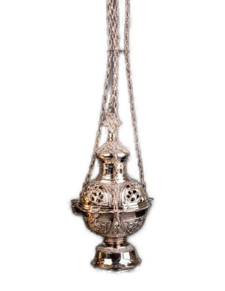 Incensario Latón Plateado Con Cruz 28Cm Cadenas C/Bol Interior