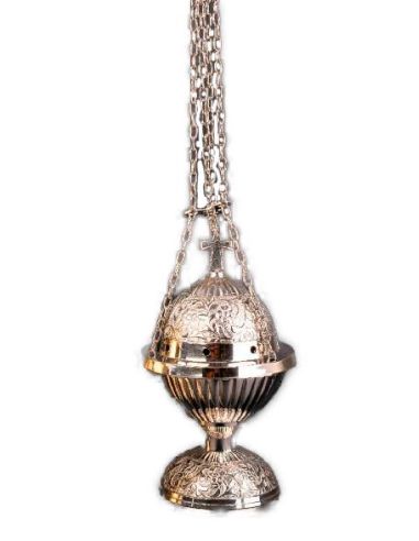 Incensario Latón Plateado Con Cruz 24Cm Cadenas C/Bol Interior