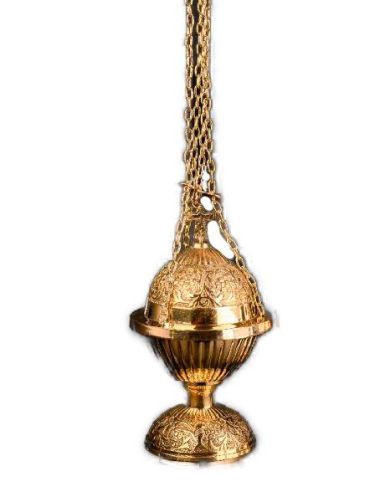 Incensario Latón Dorado Con Cruz 24Cm Cadenas C/Bol Interior