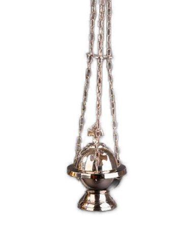 Incensario Latón Plateado Con Cruz 15Cm Cadenas C/Bol Interior