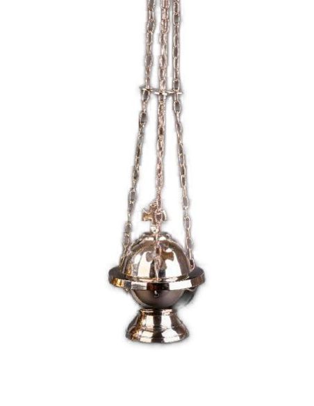 Incensario Latón Plateado Con Cruz 15Cm Cadenas C/Bol Interior