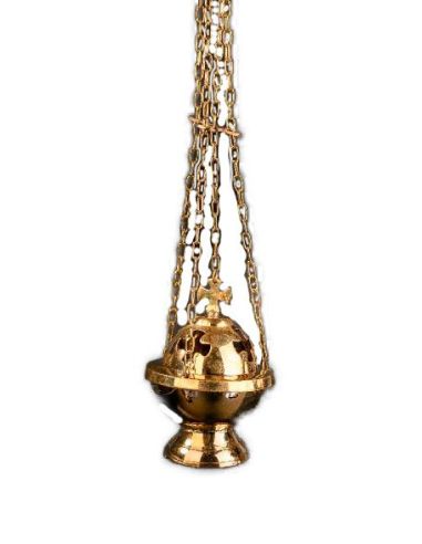 Incensario Latón Dorado Con Cruz 15Cm Cadenas C/Bol Interior