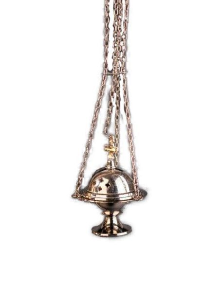 Incensario Latón Plateado Con Cruz 11Cm Cadenas C/Bol Interior
