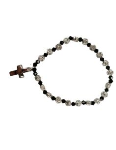 Brazalete Metal Rosas Cristal Negro C/Cruz Bombata