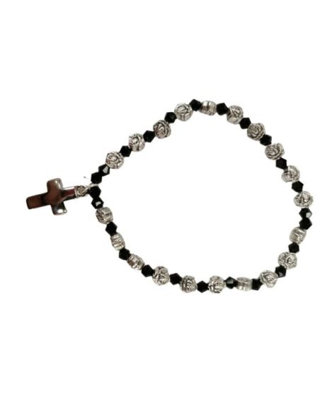 Brazalete Metal Rosas Cristal Negro C/Cruz Bombata