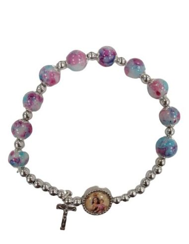 Brazalete Cristal Efec.Piedra Rosa C/Cruz Metal Carmen