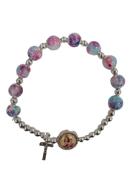 Brazalete Cristal Efec.Piedra Rosa C/Cruz Metal Carmen