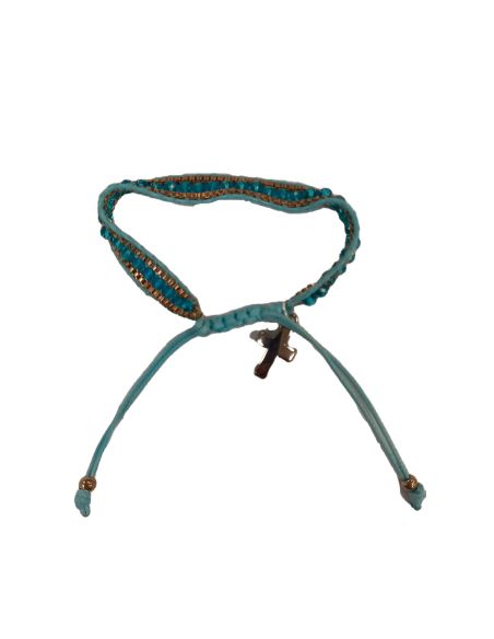 Brazalete Ajustab.Metal Cristal Cuerda Celeste C/Cruz