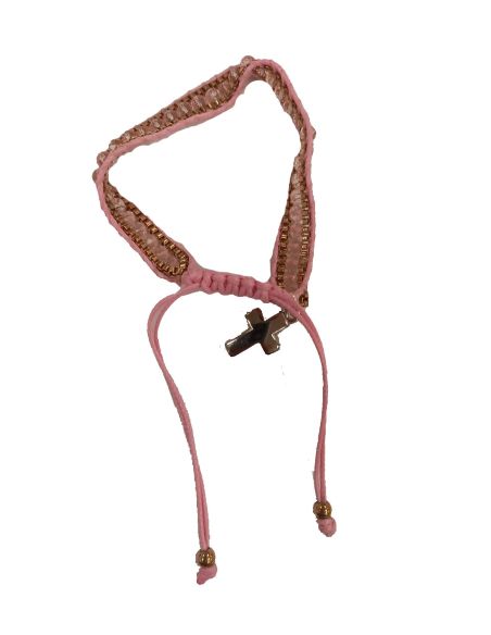Brazalete Ajustab.Metal Cristal Cuerda Rosa C/Cruz