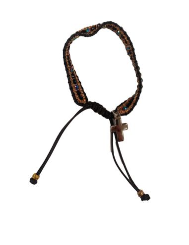 Brazalete Ajustab.Metal Cristal Cuerda Negra C/Cruz