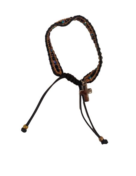 Brazalete Ajustab.Metal Cristal Cuerda Negra C/Cruz
