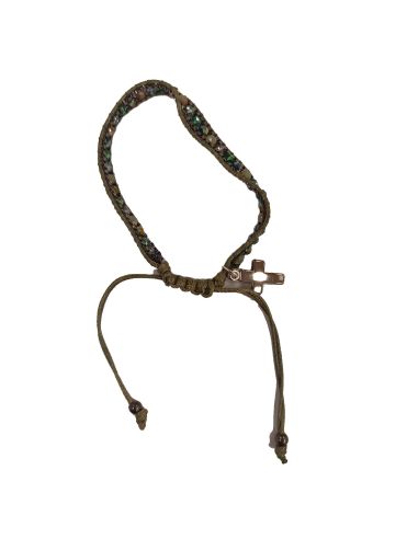 Brazalete Ajustab.Metal Cristal Cuerda Verde C/Cruz