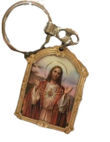 Llavero madera oro 7x9x0,5cm corazon de jesus nº1