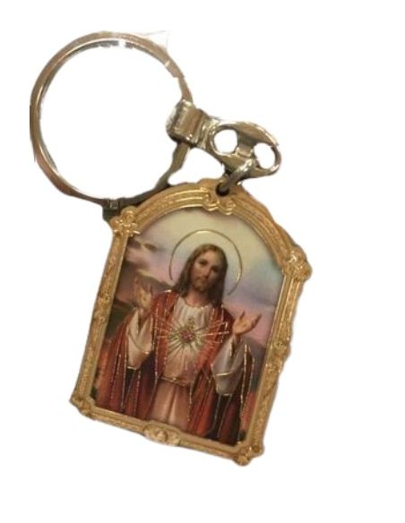 Llavero madera oro 7x9x0,5cm corazon de jesus nº1