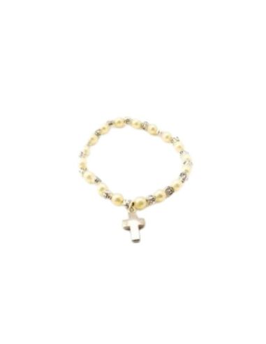 Brazalete perla+rosa cruz tau metal|Libreriasalesiana