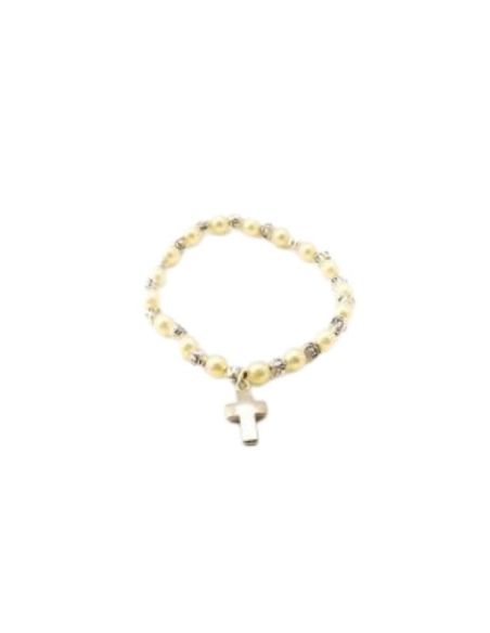 Brazalete perla+rosa cruz tau metal|Libreriasalesiana