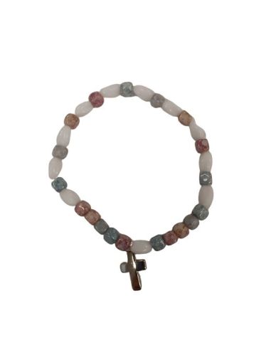 Brazalete Cuentas Piedras Pastel Con Cruz