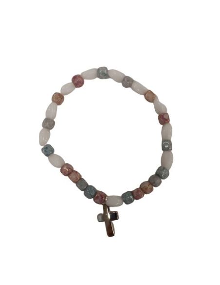Brazalete Cuentas Piedras Pastel Con Cruz